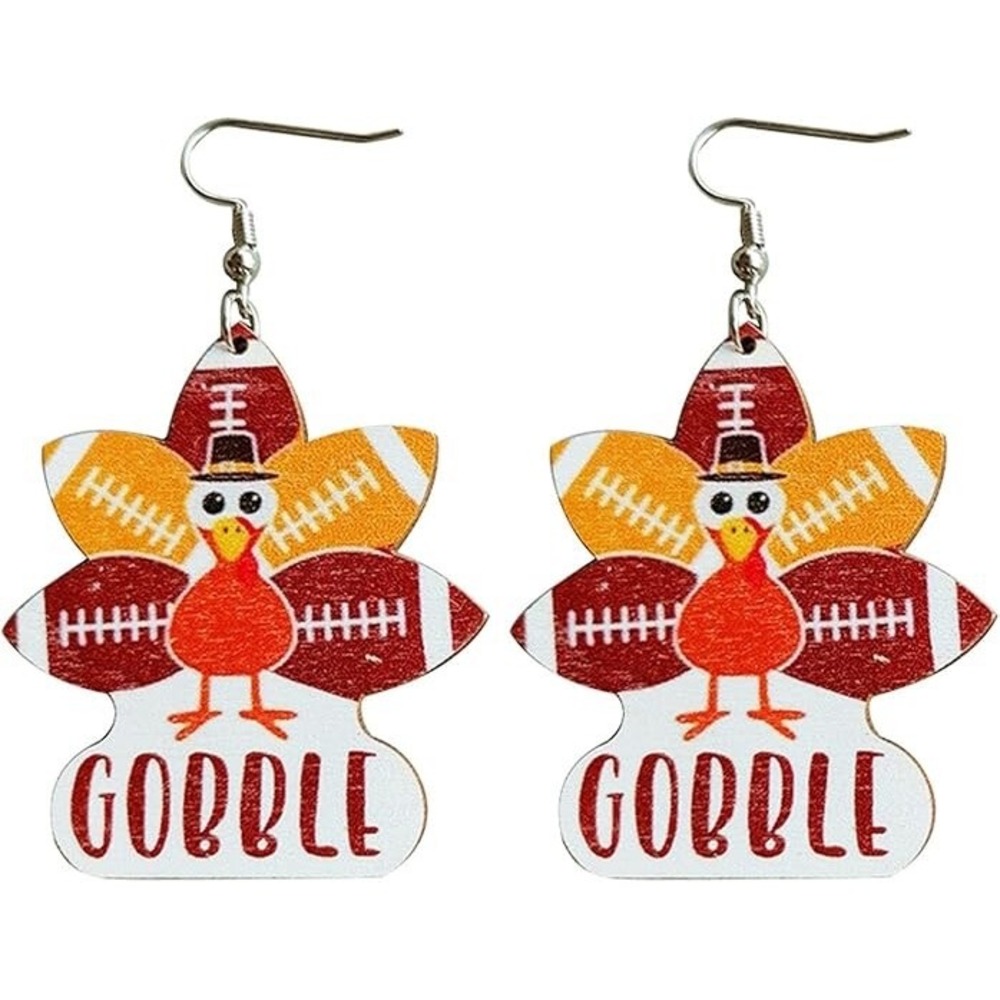 2" FOOTBALL TURKEY BIRD‎ THANKSGIVING THICK WOODEN DROP DANGLE EARRINGS